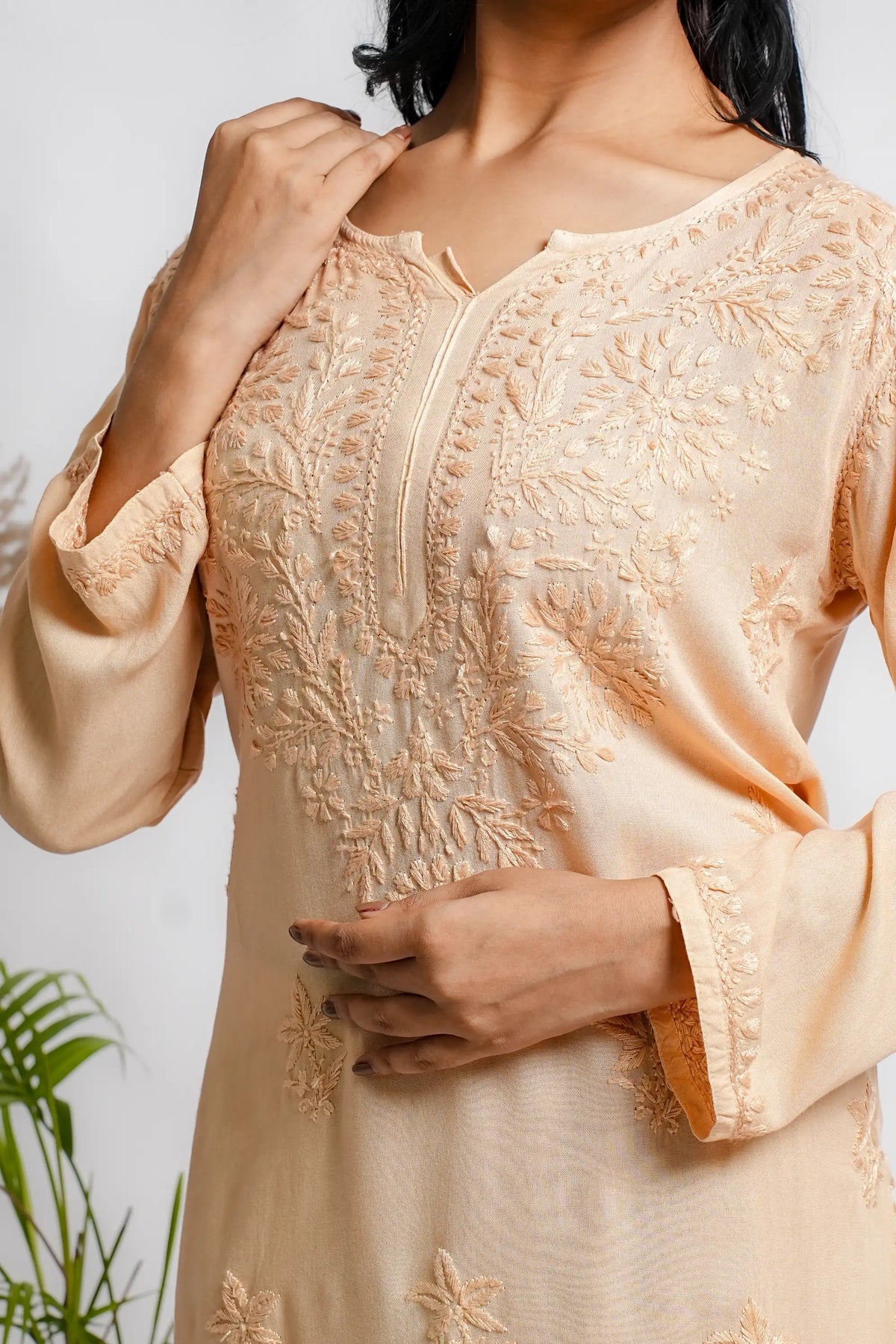AYVERA Women's Champagne Beige Rayon Chikankari Palazzo Set