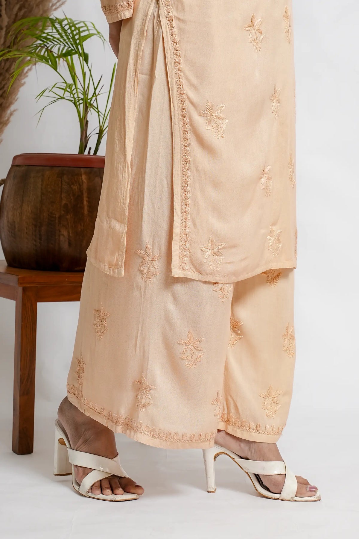 AYVERA Women's Champagne Beige Rayon Chikankari Palazzo Set