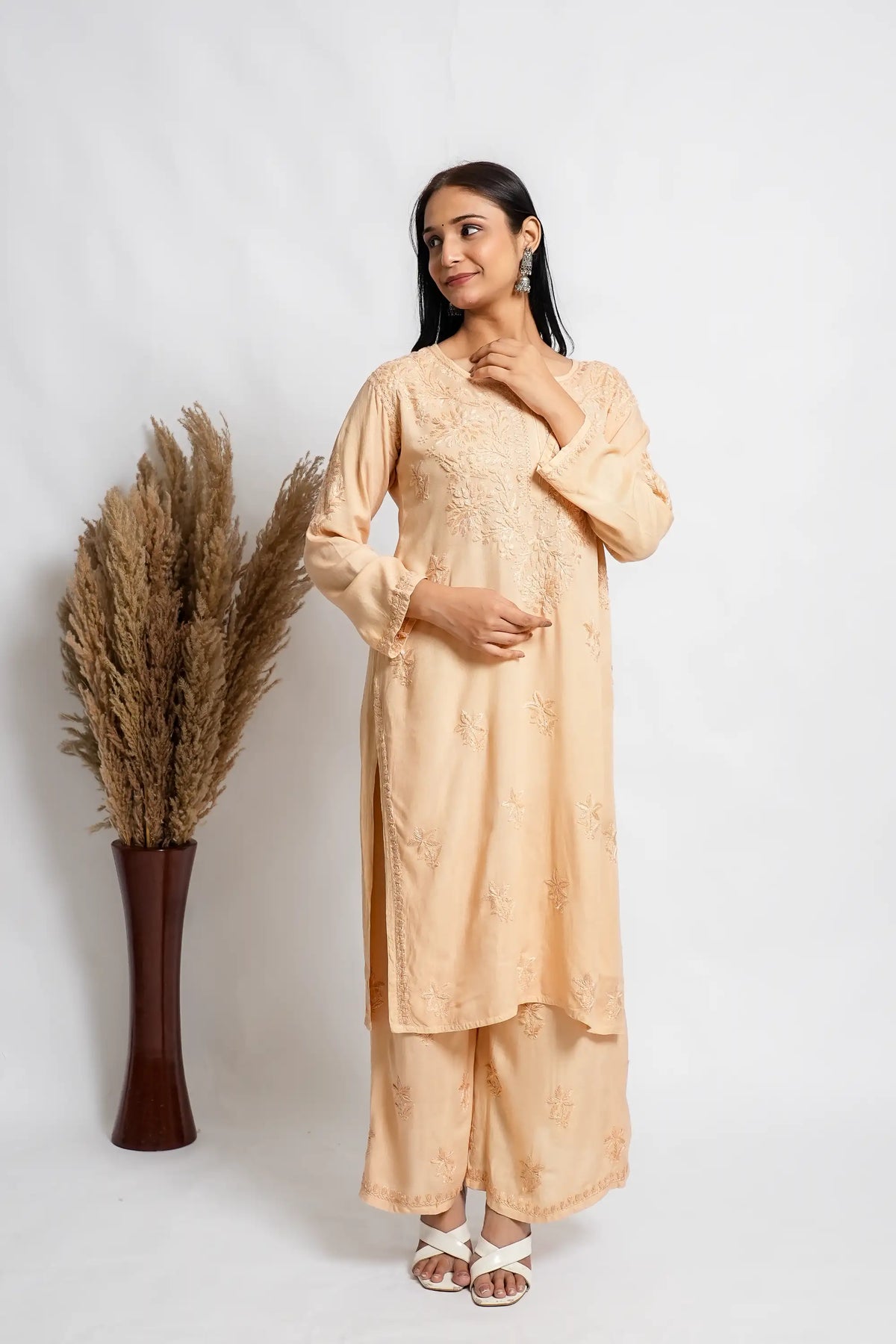 AYVERA Women's Champagne Beige Rayon Chikankari Palazzo Set