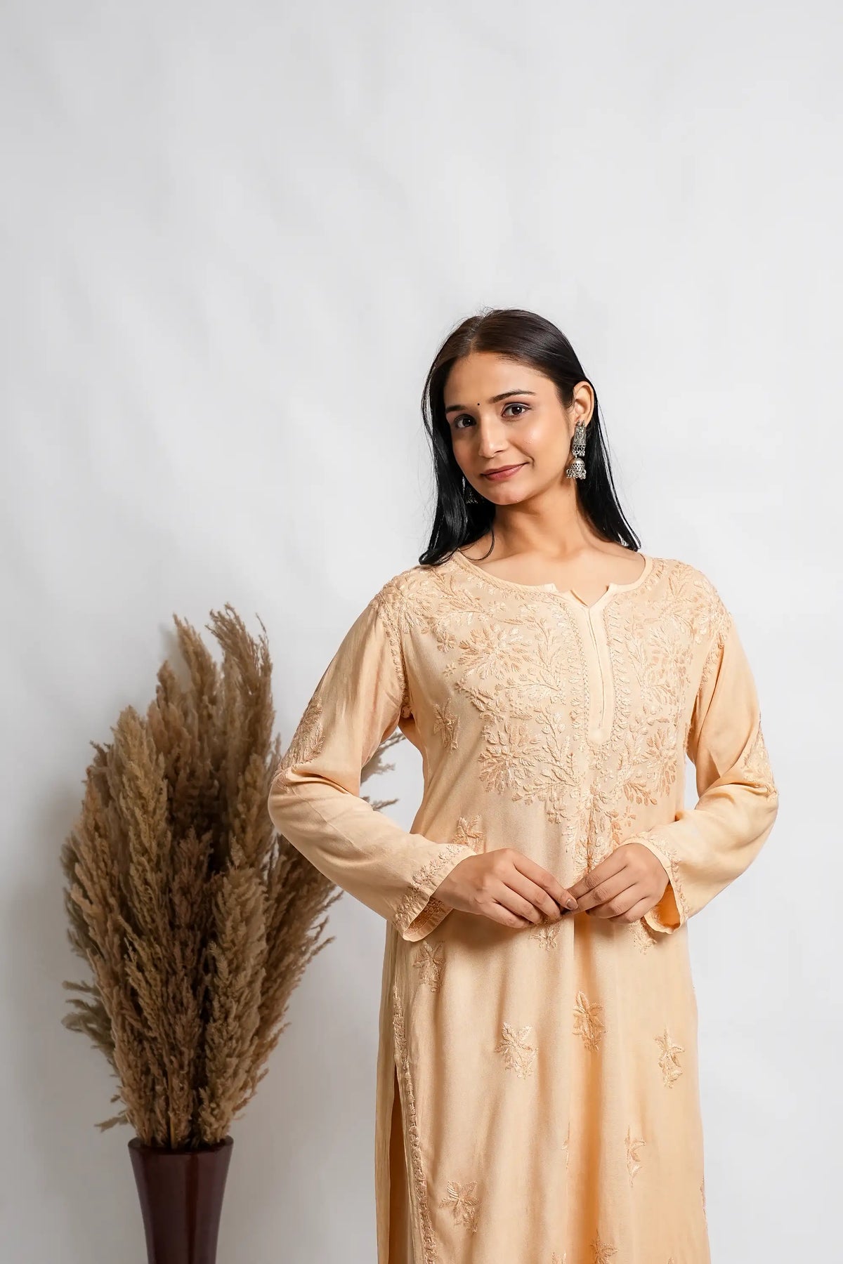 AYVERA Women's Champagne Beige Rayon Chikankari Palazzo Set