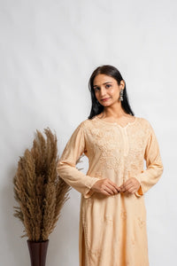 AYVERA Women's Champagne Beige Rayon Chikankari Palazzo Set