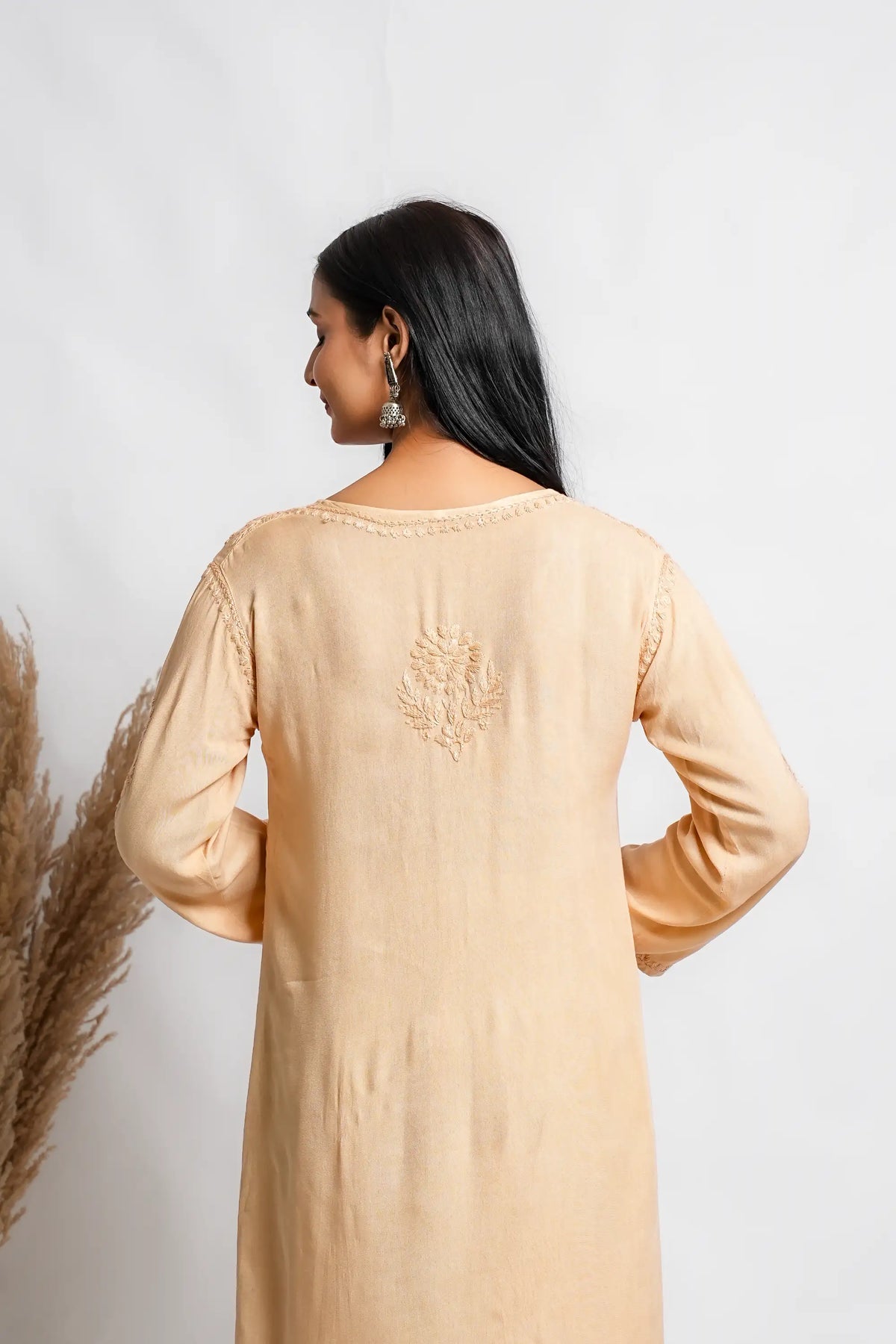 AYVERA Women's Champagne Beige Rayon Chikankari Palazzo Set