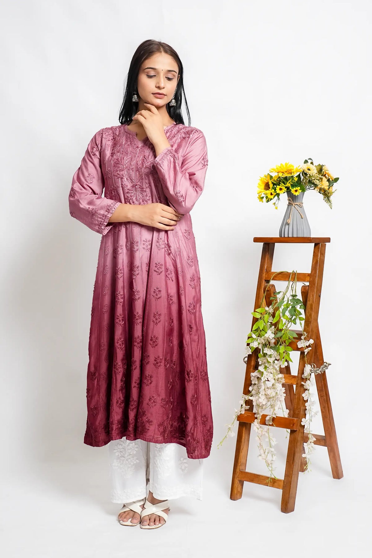 AYVERA Women's dusty rose Ombre Chanderi Anarkali Kurta