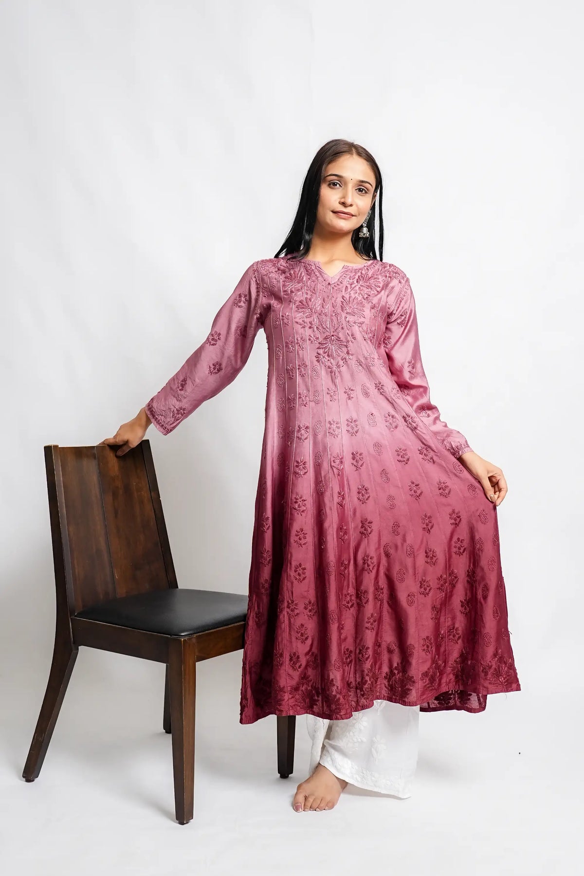 AYVERA Women's dusty rose Ombre Chanderi Anarkali Kurta