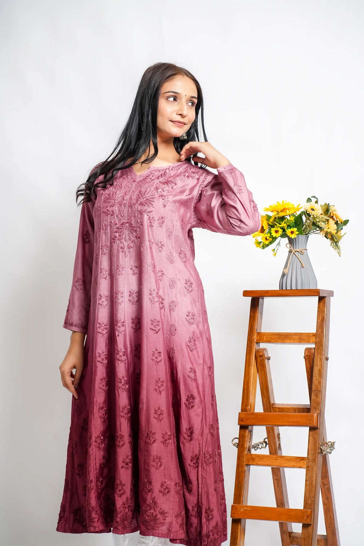 AYVERA Women's dusty rose Ombre Chanderi Anarkali Kurta