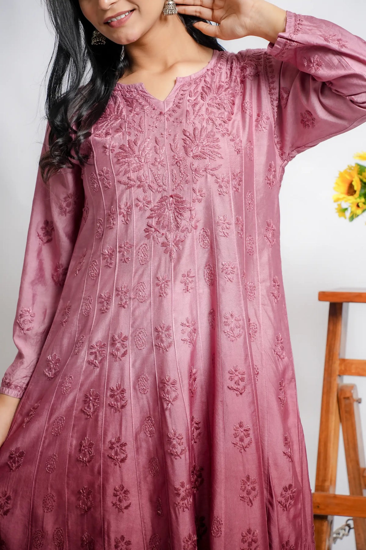 AYVERA Women's dusty rose Ombre Chanderi Anarkali Kurta