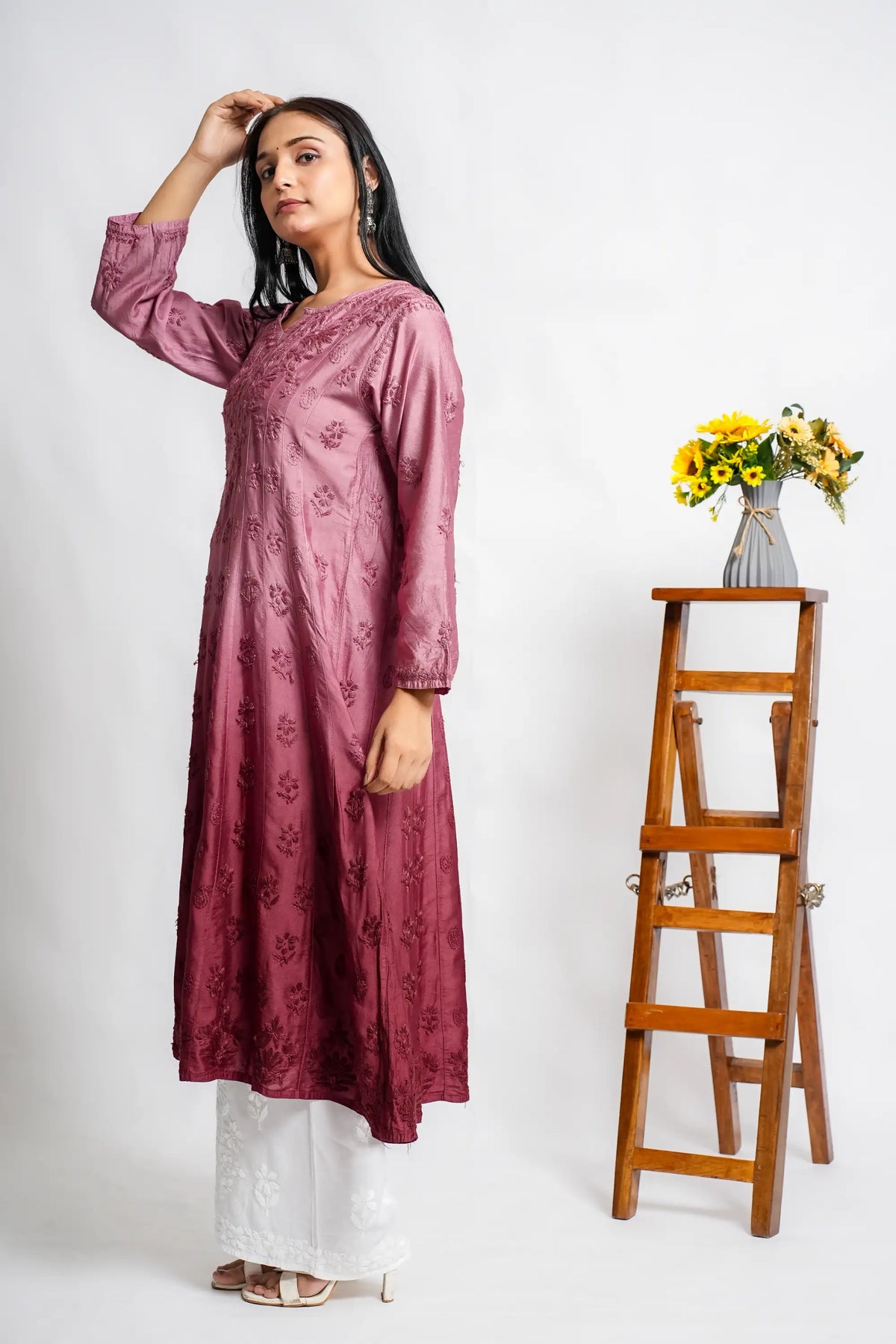 AYVERA Women's dusty rose Ombre Chanderi Anarkali Kurta