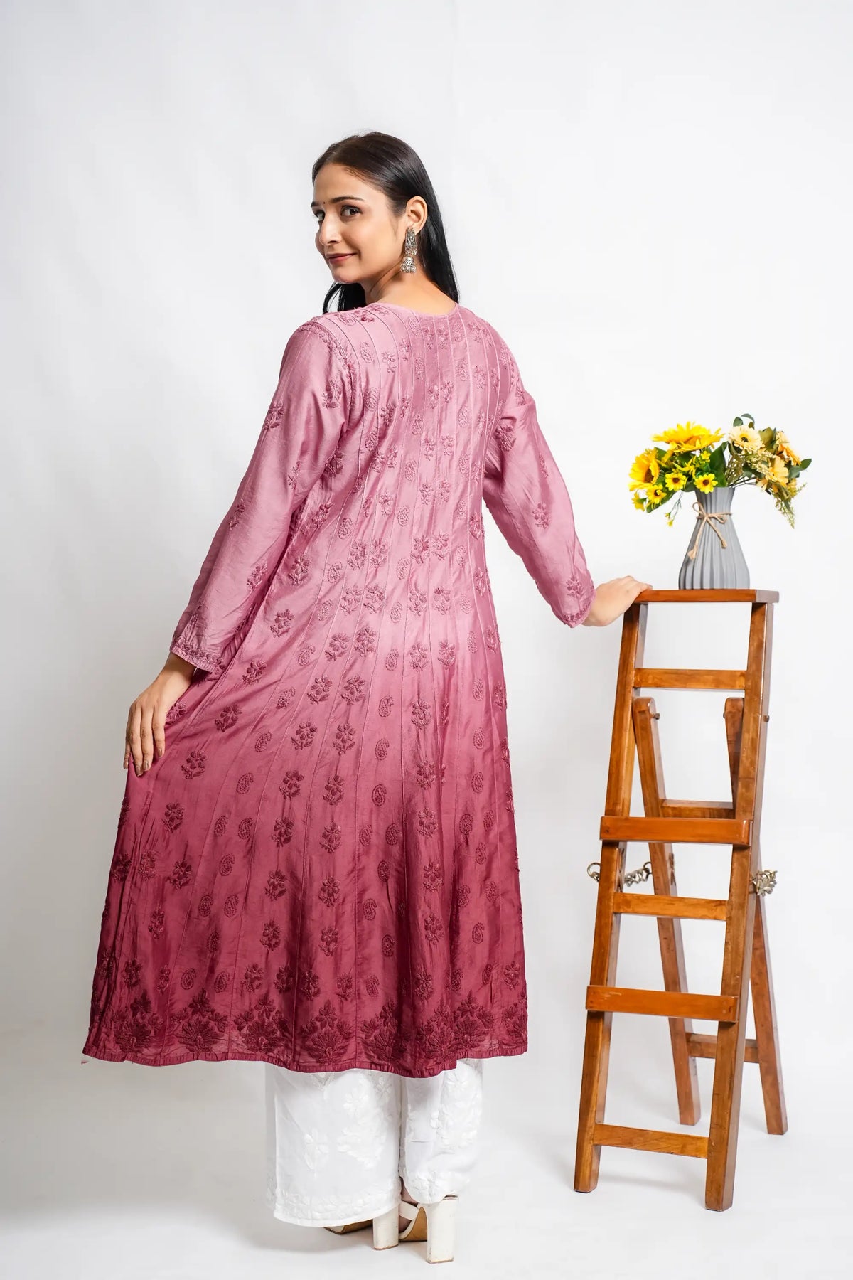 AYVERA Women's dusty rose Ombre Chanderi Anarkali Kurta
