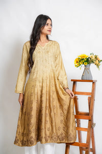 AYVERA Women's Champagne Beige Ombre Chanderi Anarkali Kurta