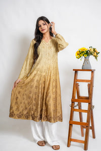 AYVERA Women's Champagne Beige Ombre Chanderi Anarkali Kurta