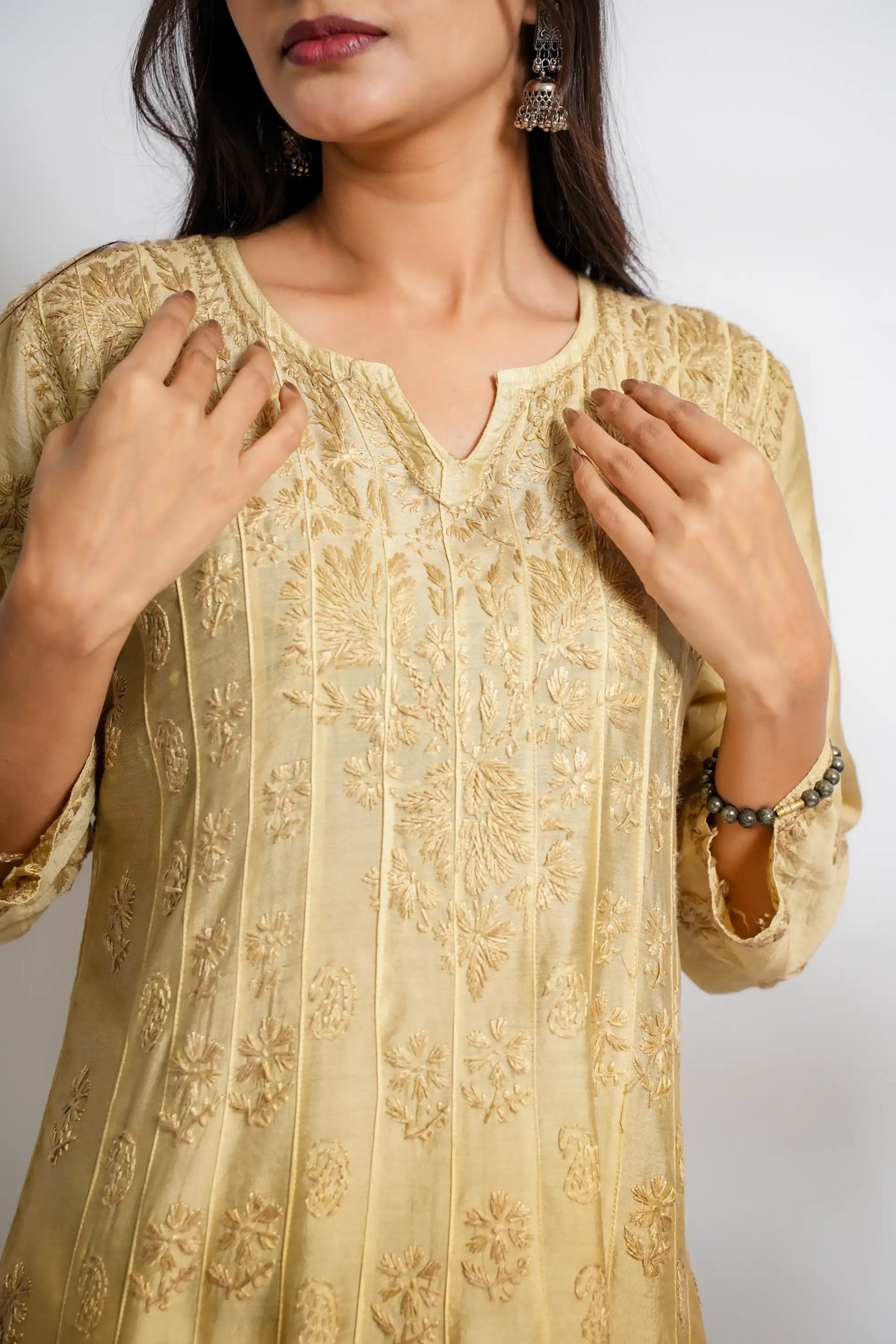 AYVERA Women's Champagne Beige Ombre Chanderi Anarkali Kurta