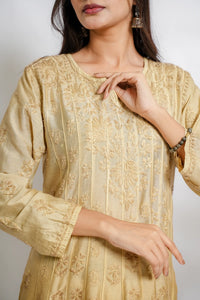 AYVERA Women's Champagne Beige Ombre Chanderi Anarkali Kurta