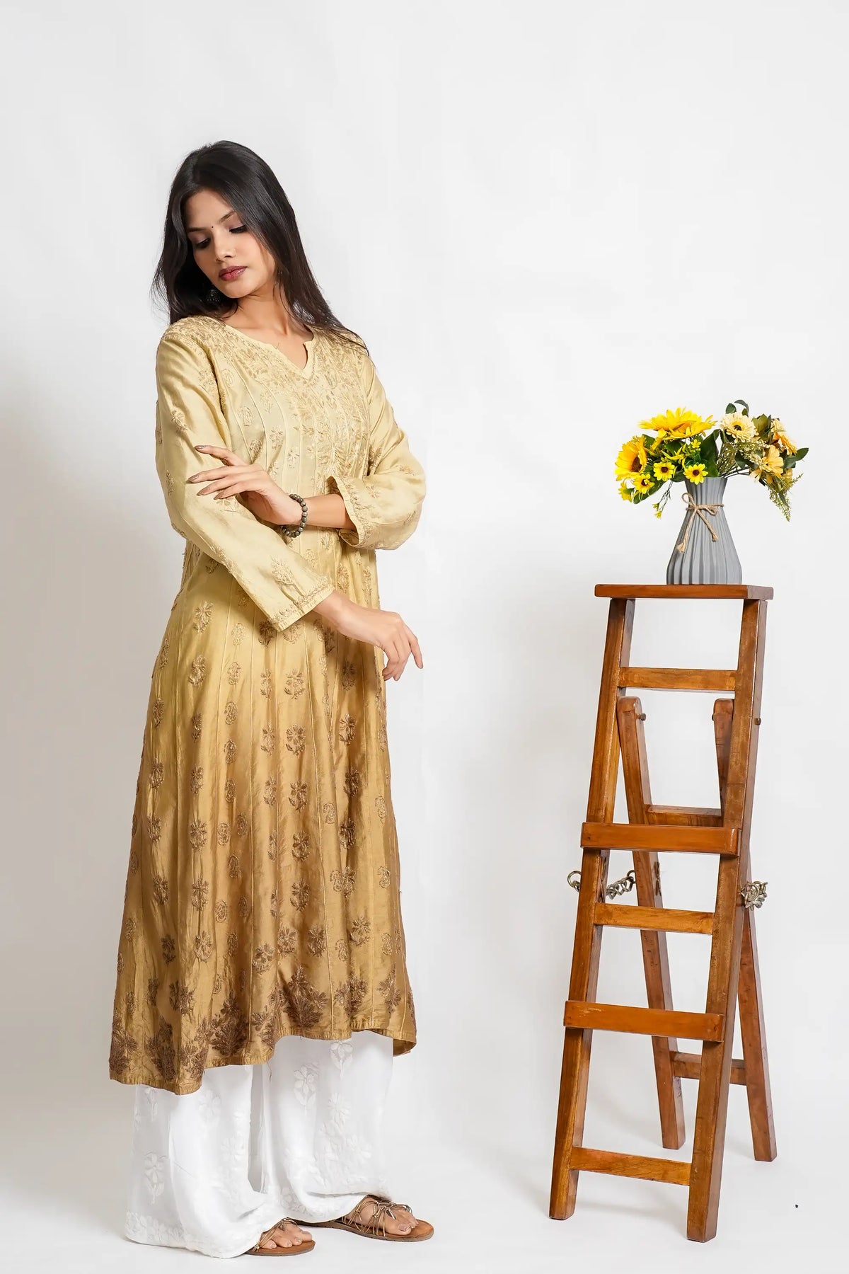 AYVERA Women's Champagne Beige Ombre Chanderi Anarkali Kurta