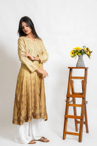 AYVERA Women's Champagne Beige Ombre Chanderi Anarkali Kurta
