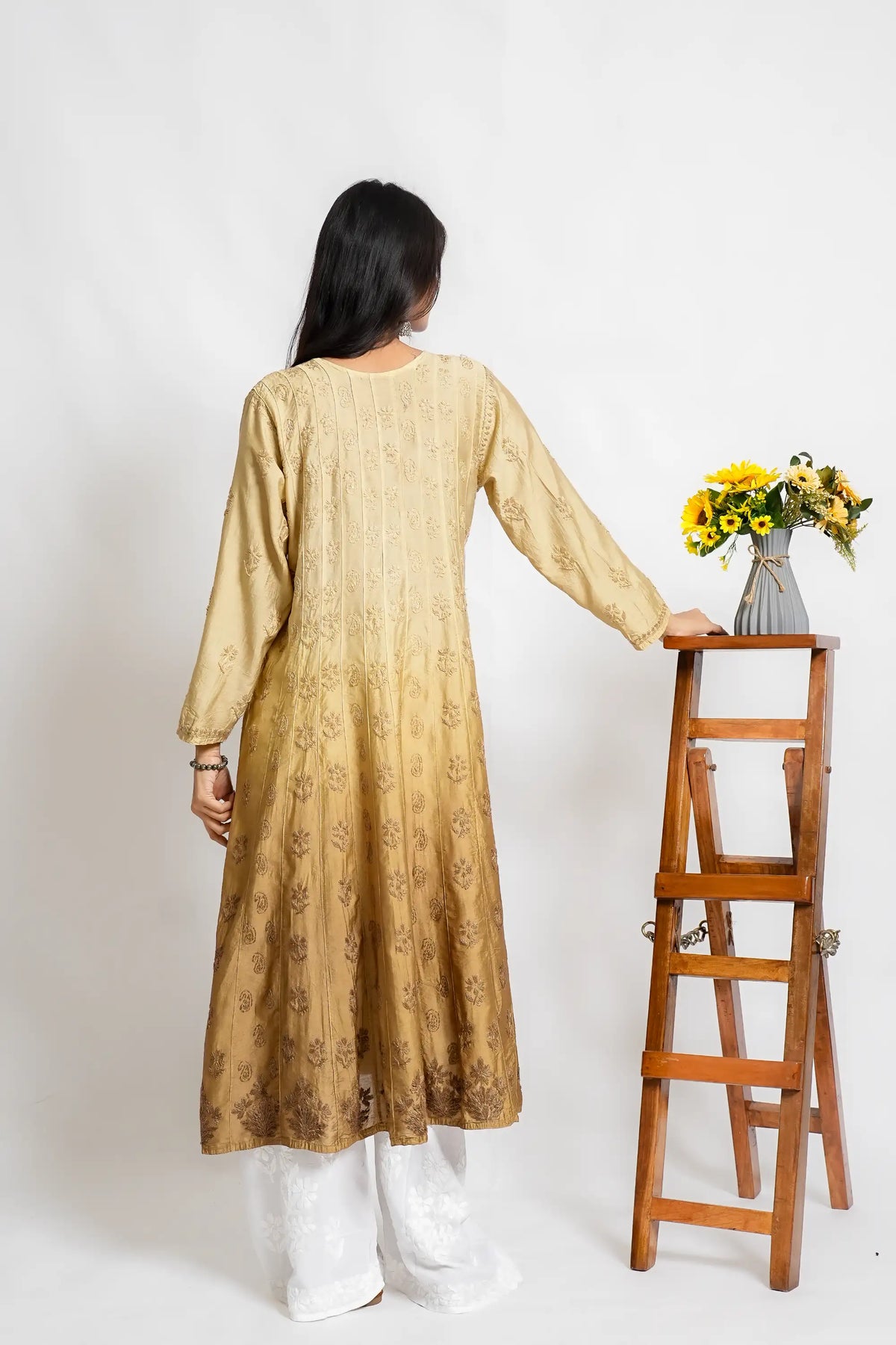 AYVERA Women's Champagne Beige Ombre Chanderi Anarkali Kurta